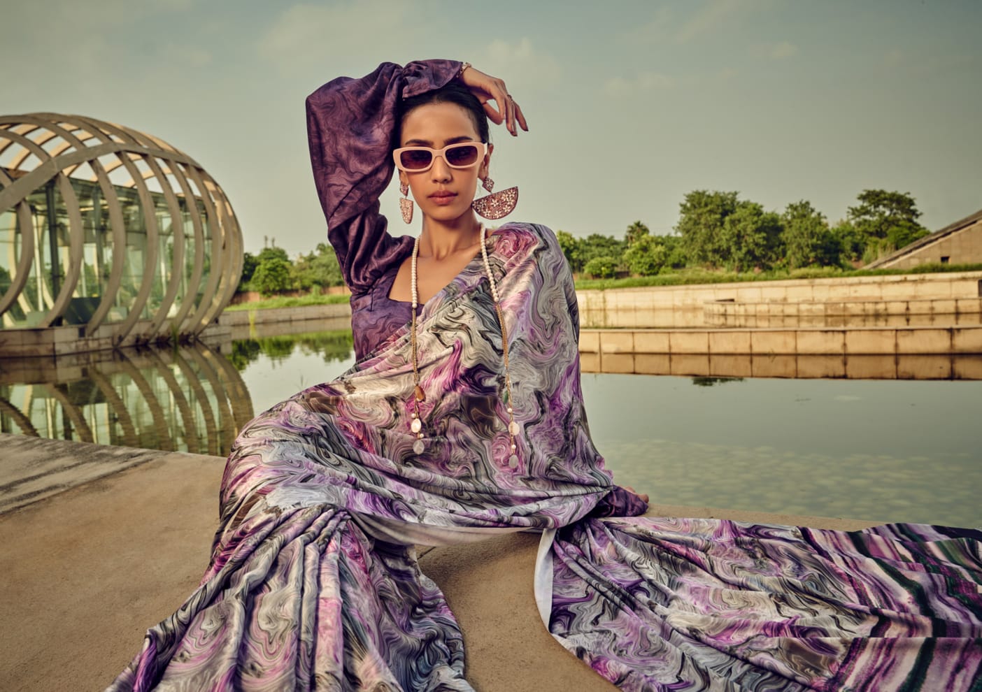Vibrant Purple Digital Printed Satin Silk Saree