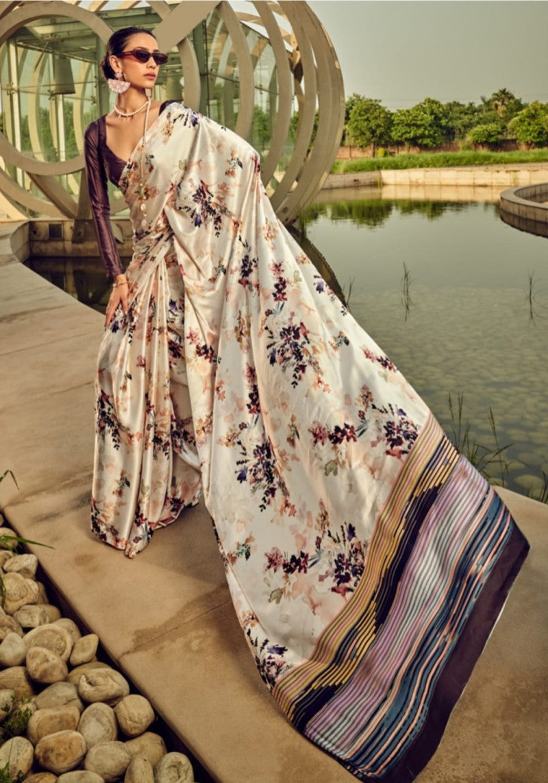 Fancy Off White Digital Printed Satin Silk Saree