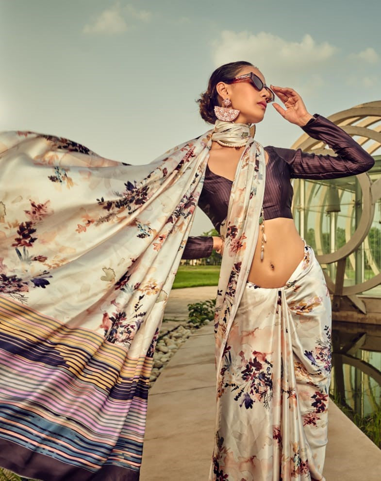 Fancy Off White Digital Printed Satin Silk Saree