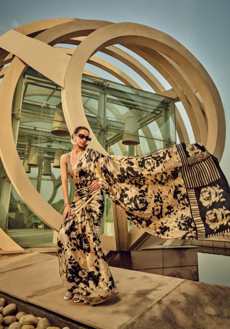 Black Floral Printed Satin Silk Saree With Blouse