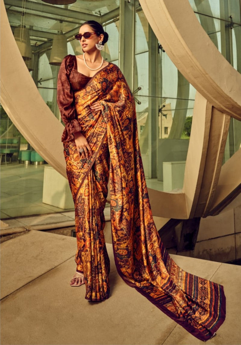 Fancy Orange Brown Digital Print Satin Silk Saree