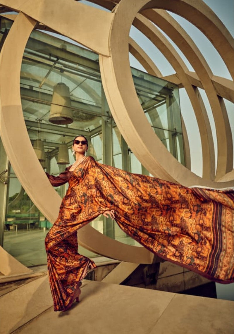 Fancy Orange Brown Digital Print Satin Silk Saree