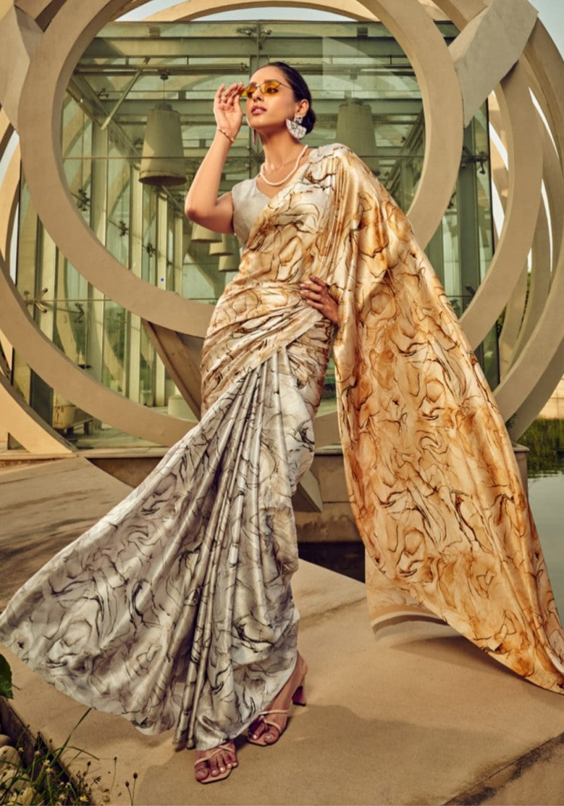Vibrant Off White & Beige Digital Printed Satin Silk Saree