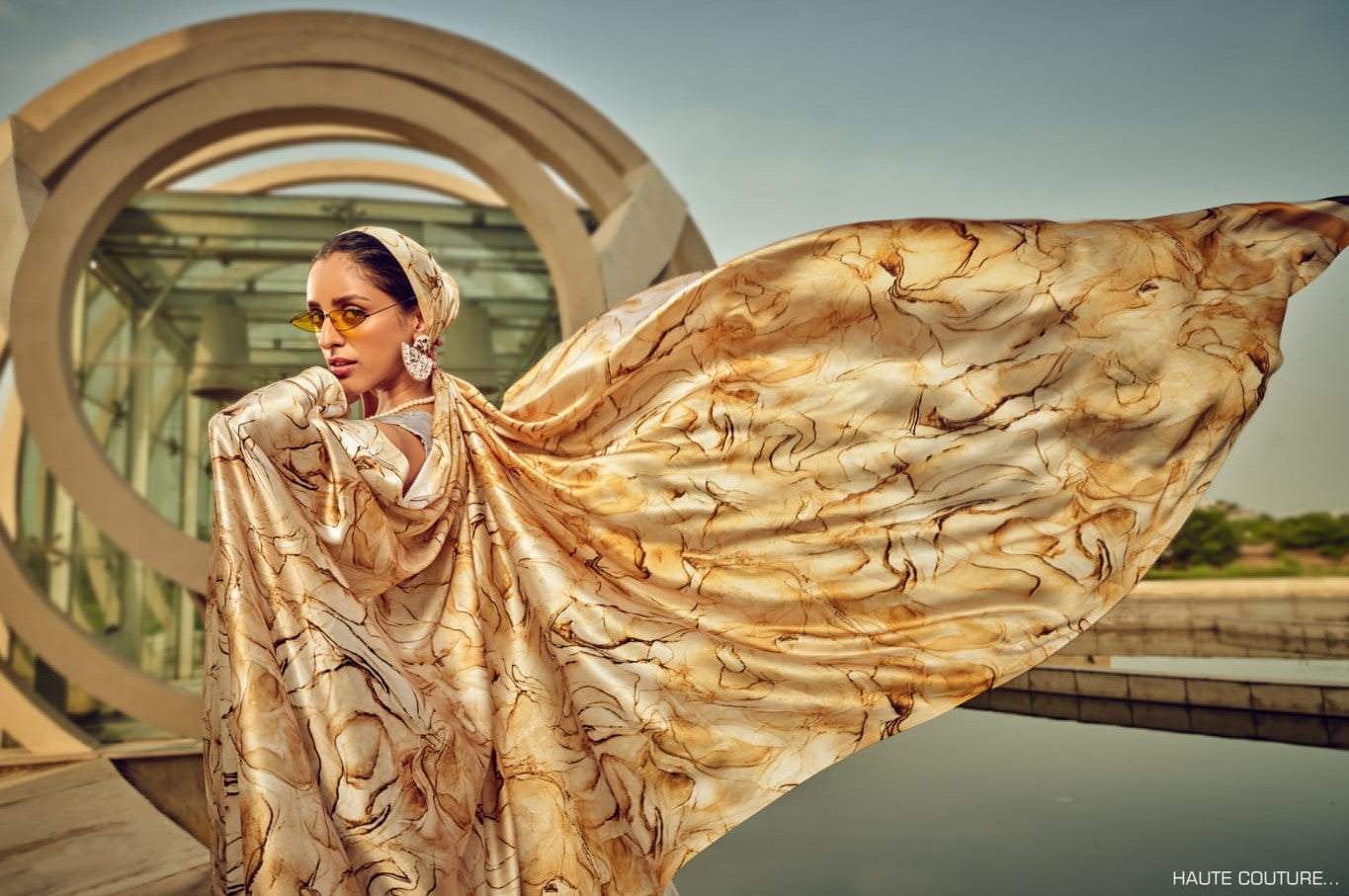 Vibrant Off White & Beige Digital Printed Satin Silk Saree