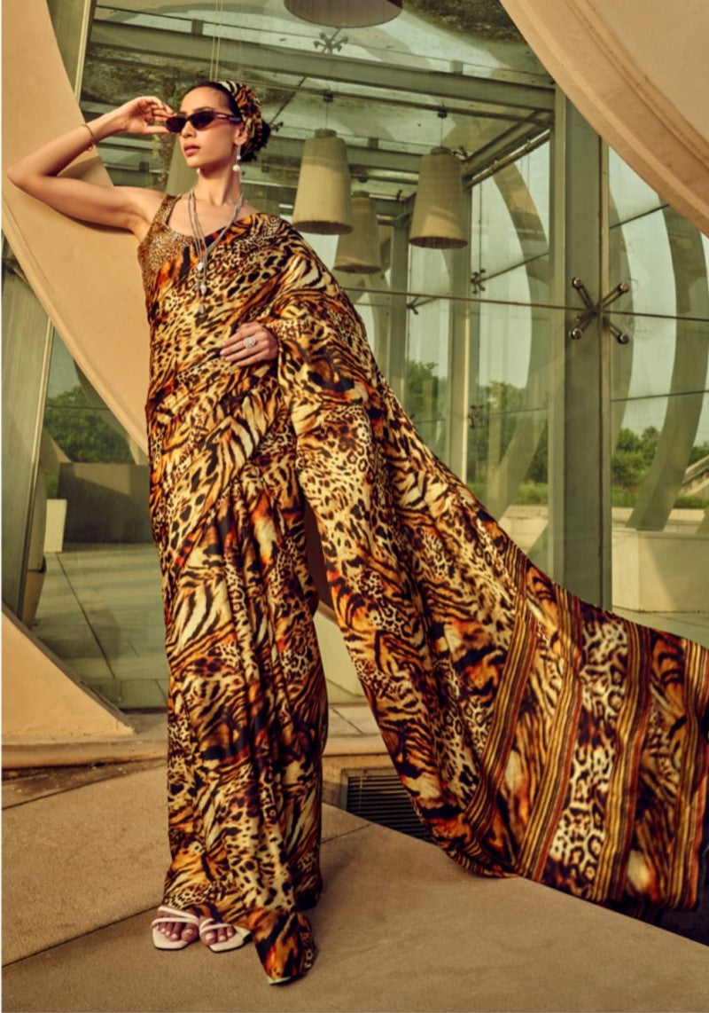 Tiger Digital Gold Printed Traditional Satin Silk Saree