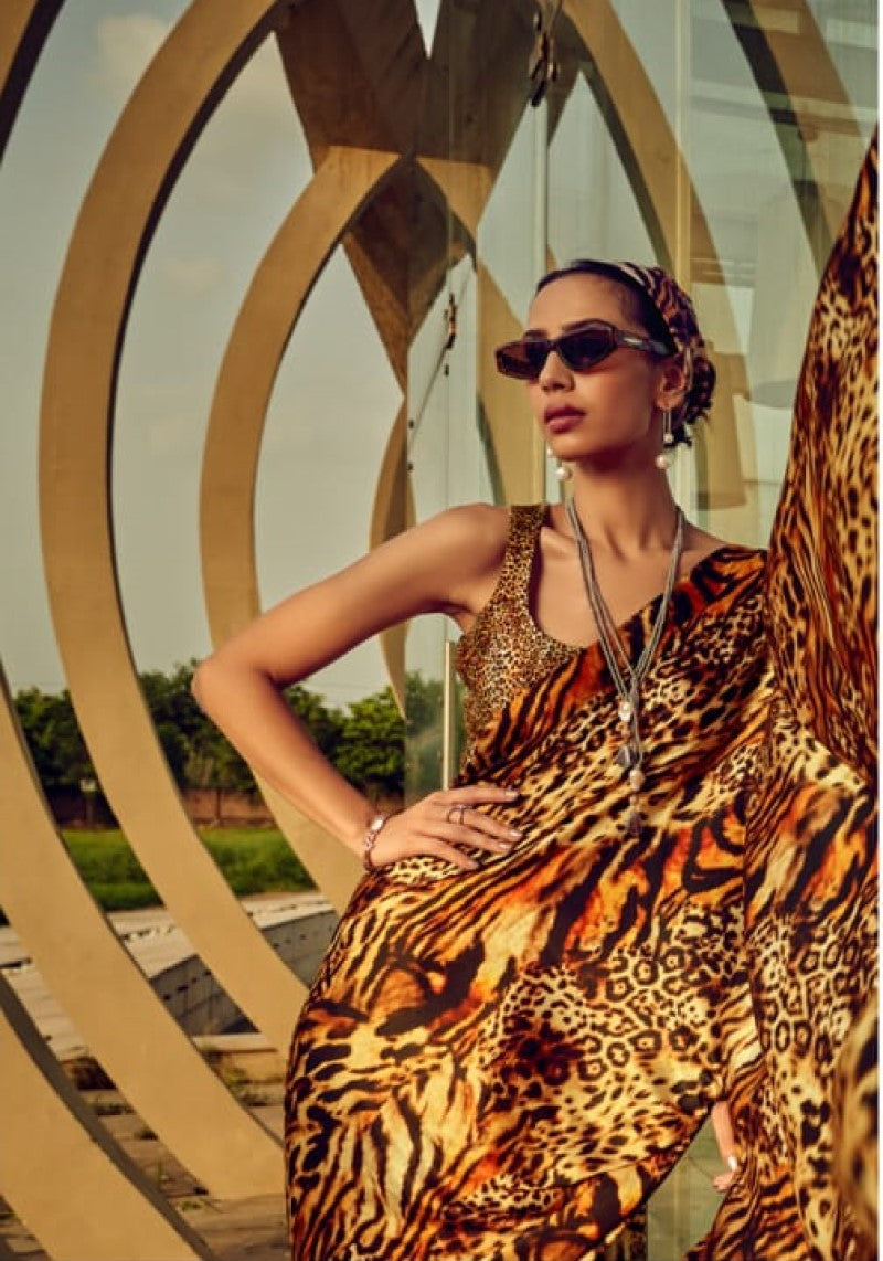 Tiger Digital Gold Printed Traditional Satin Silk Saree