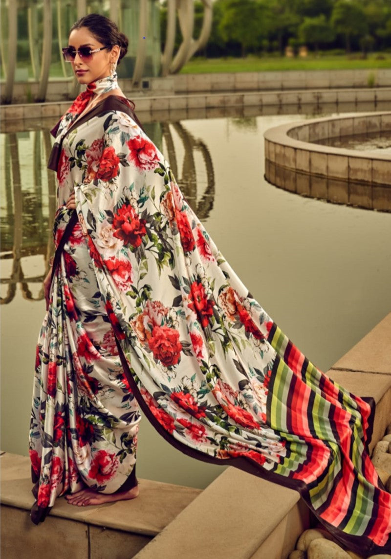 Multi Floral Printed Satin Silk Saree With Striped Pallu