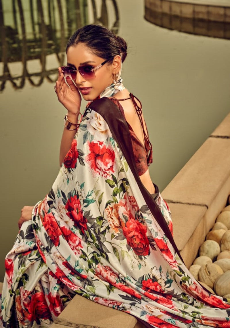 Multi Floral Printed Satin Silk Saree With Striped Pallu
