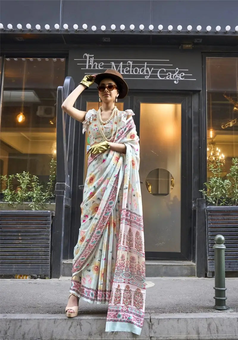 Splendid Off White Georgette Satin Digital Print Saree