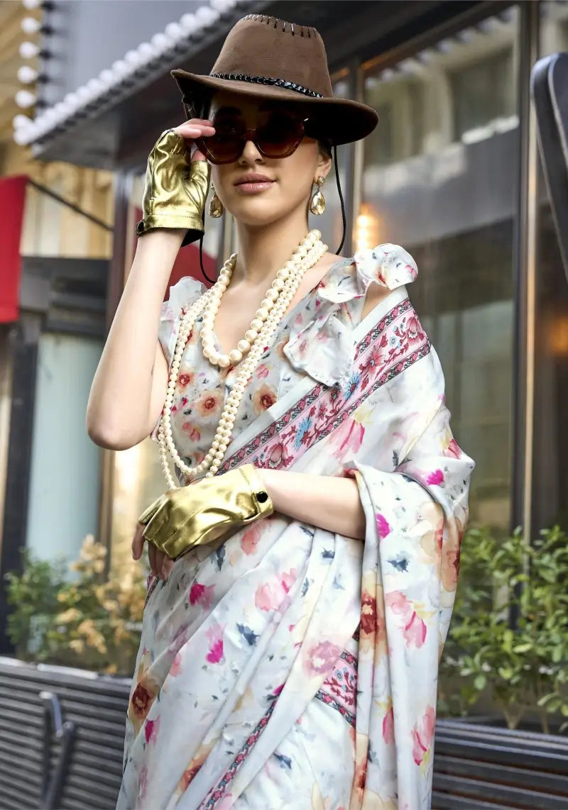 Splendid Off White Georgette Satin Digital Print Saree