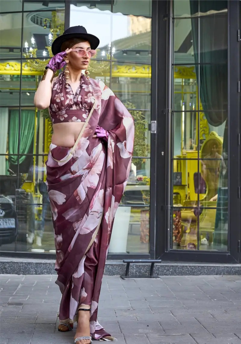 Stunning Wine Digital Printed Traditional Satin Saree