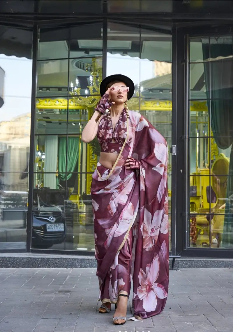 Stunning Wine Digital Printed Traditional Satin Saree