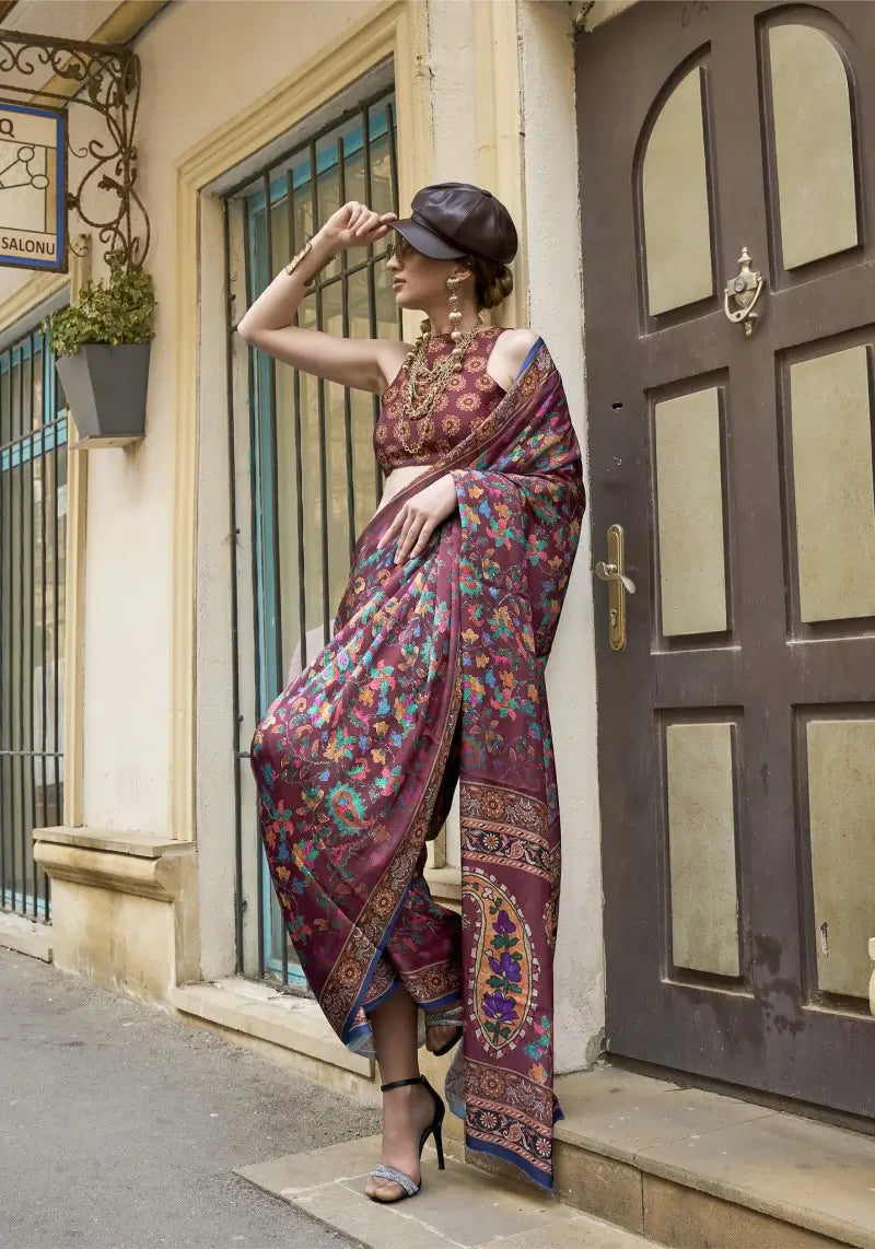Beautiful Wine Paisley Floral Digital Print Satin Saree