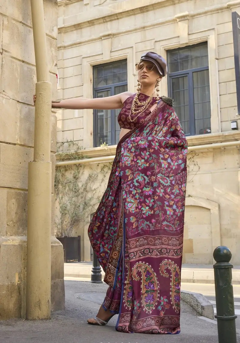 Beautiful Wine Paisley Floral Digital Print Satin Saree