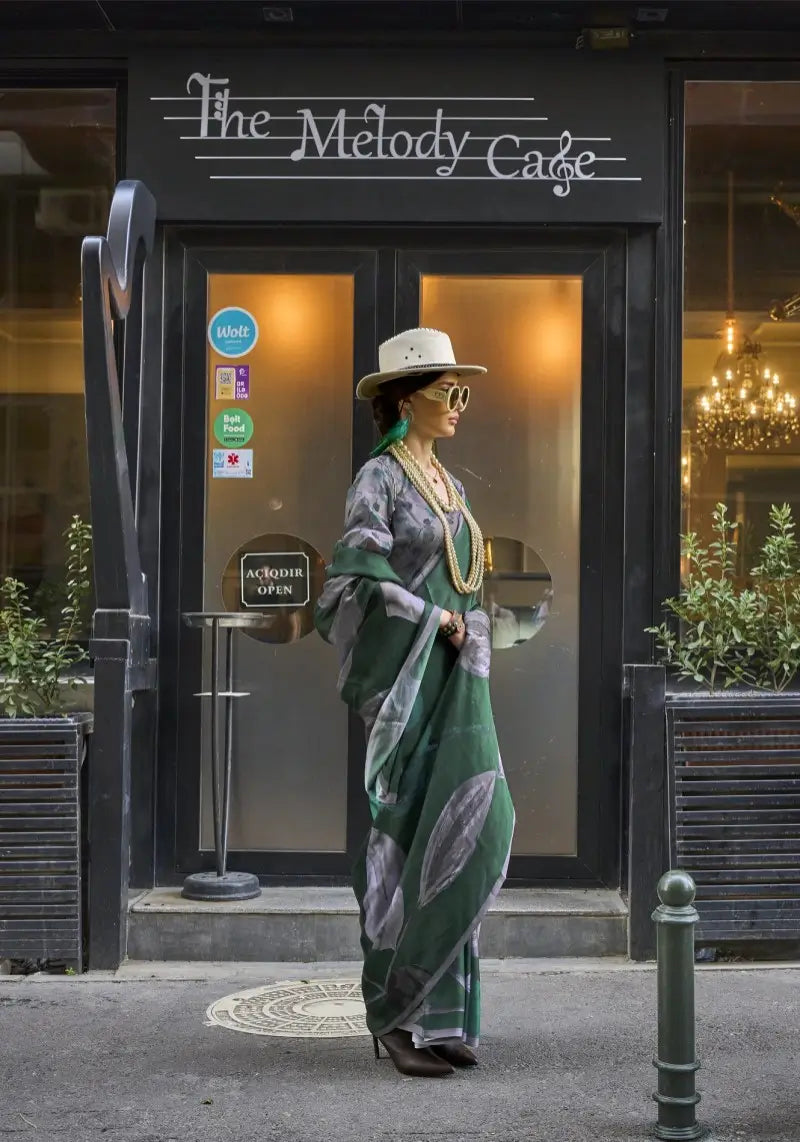 Exquisite Green Digital Printed Satin Saree With Blouse