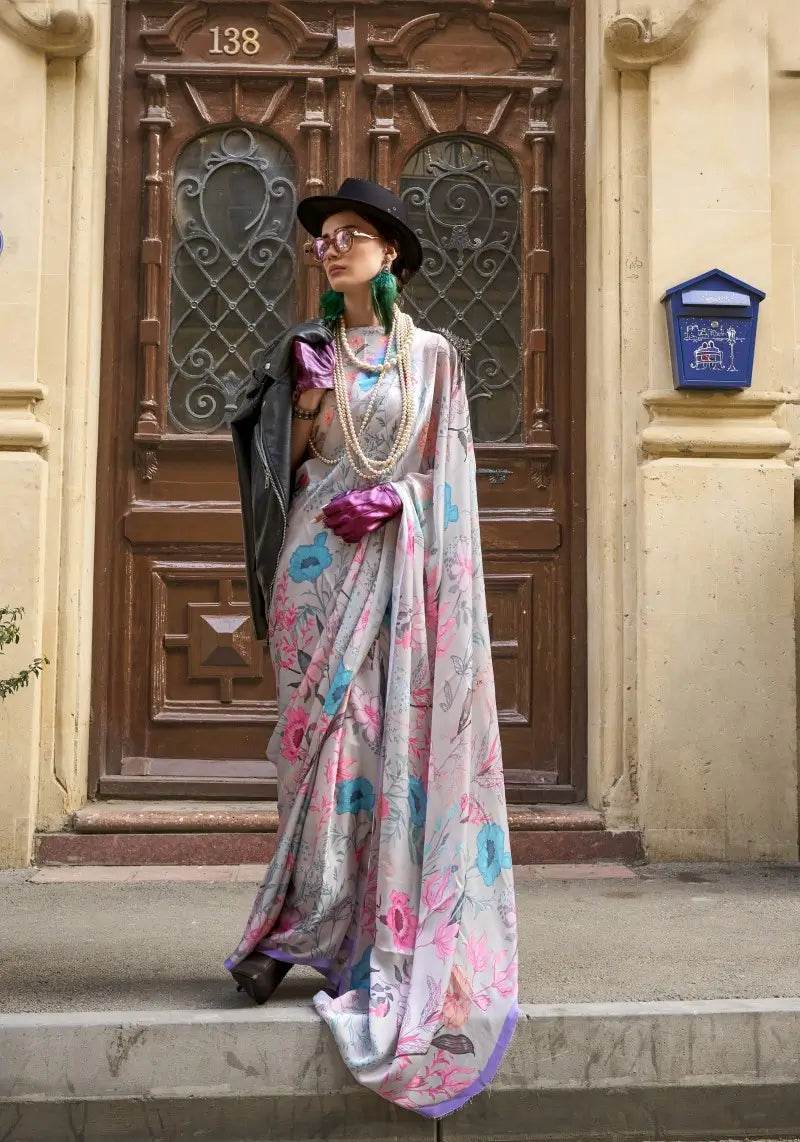 Enticing Baby Pink Digital Floral Print Satin Saree