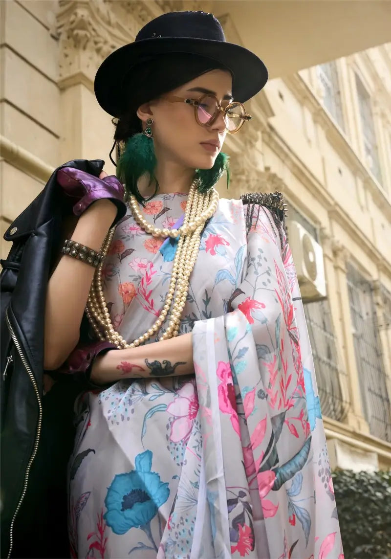 Enticing Baby Pink Digital Floral Print Satin Saree