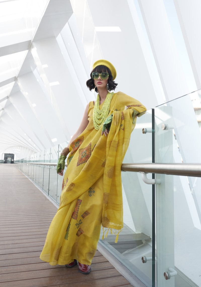 Handwoven Awesome Yellow Banarasi Silk Printed Tissue Saree