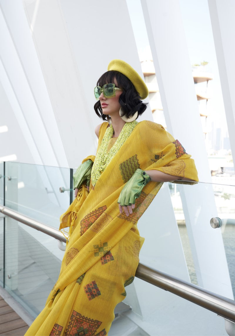 Handwoven Awesome Yellow Banarasi Silk Printed Tissue Saree