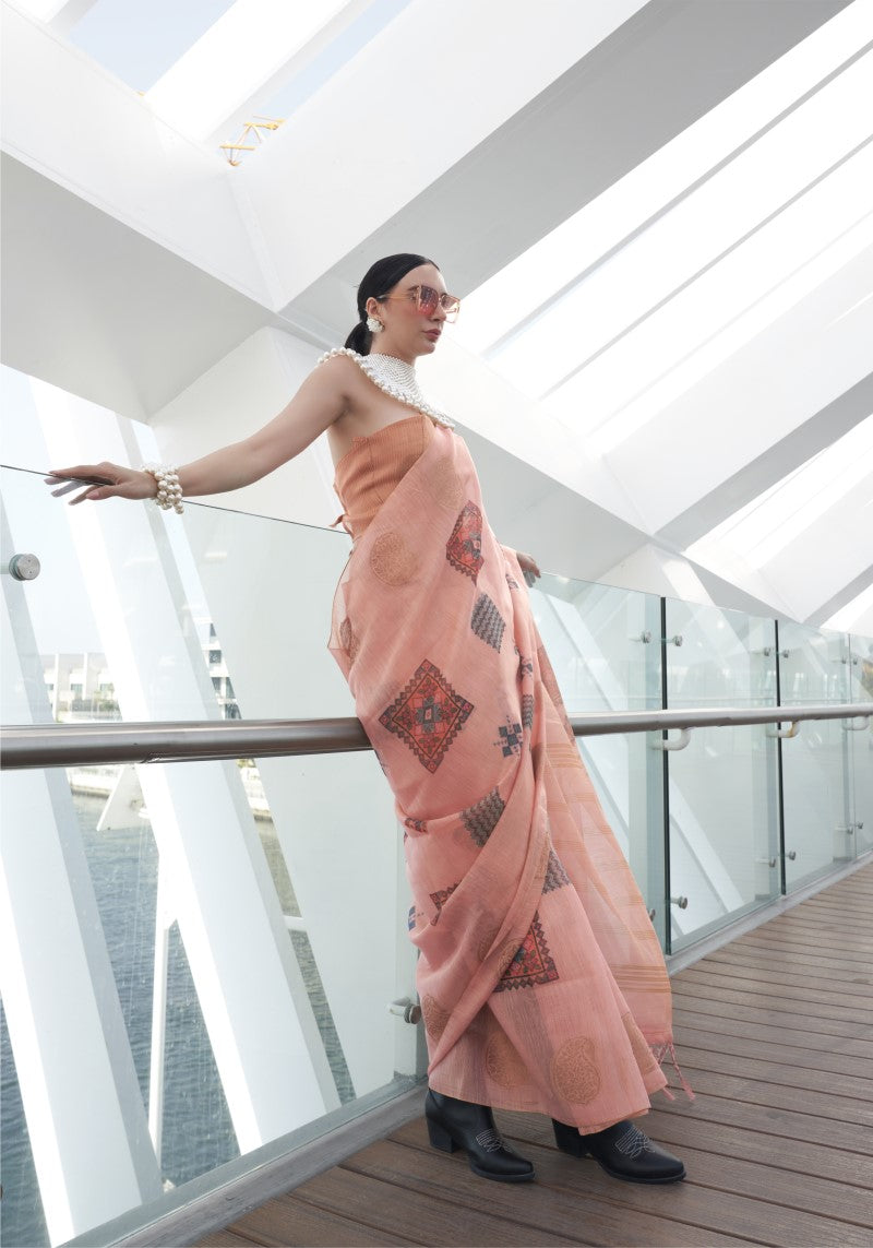 Handwoven Unique Pink Banarasi Silk Printed Tissue Saree