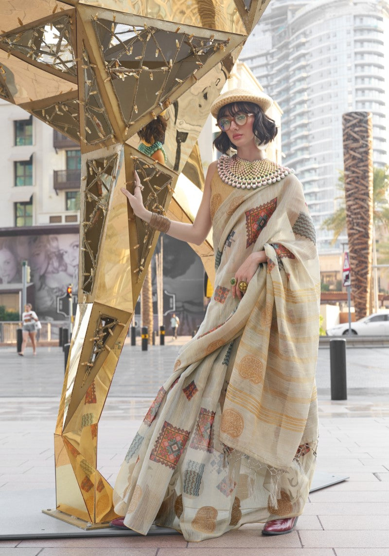 Handwoven Grey Banarasi Silk Printed Tissue Saree