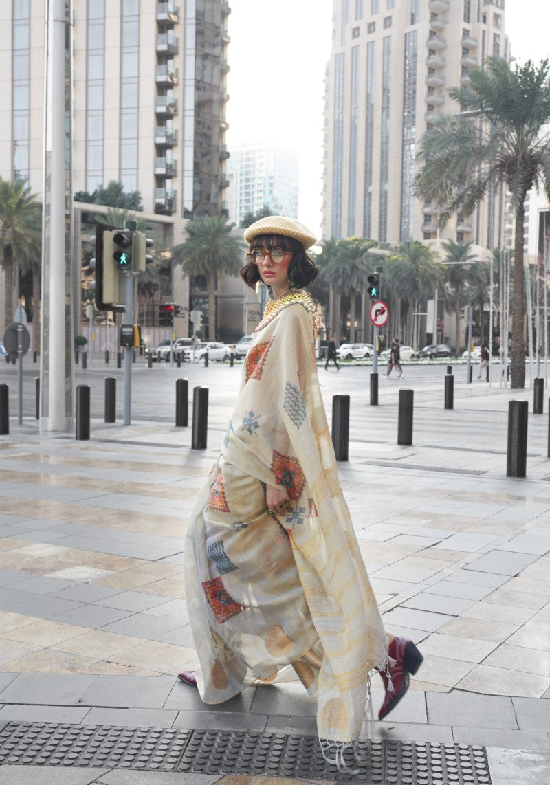 Handwoven Grey Banarasi Silk Printed Tissue Saree