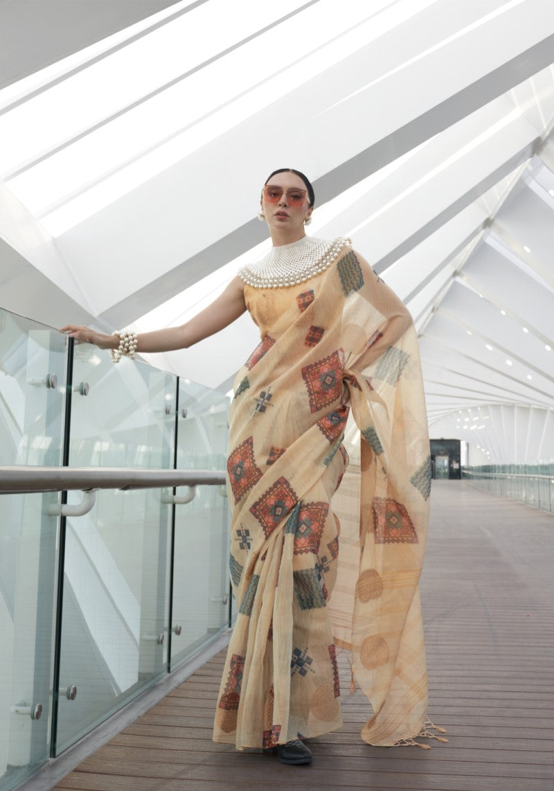 Handwoven Cream Banarasi Silk Printed Tissue Saree