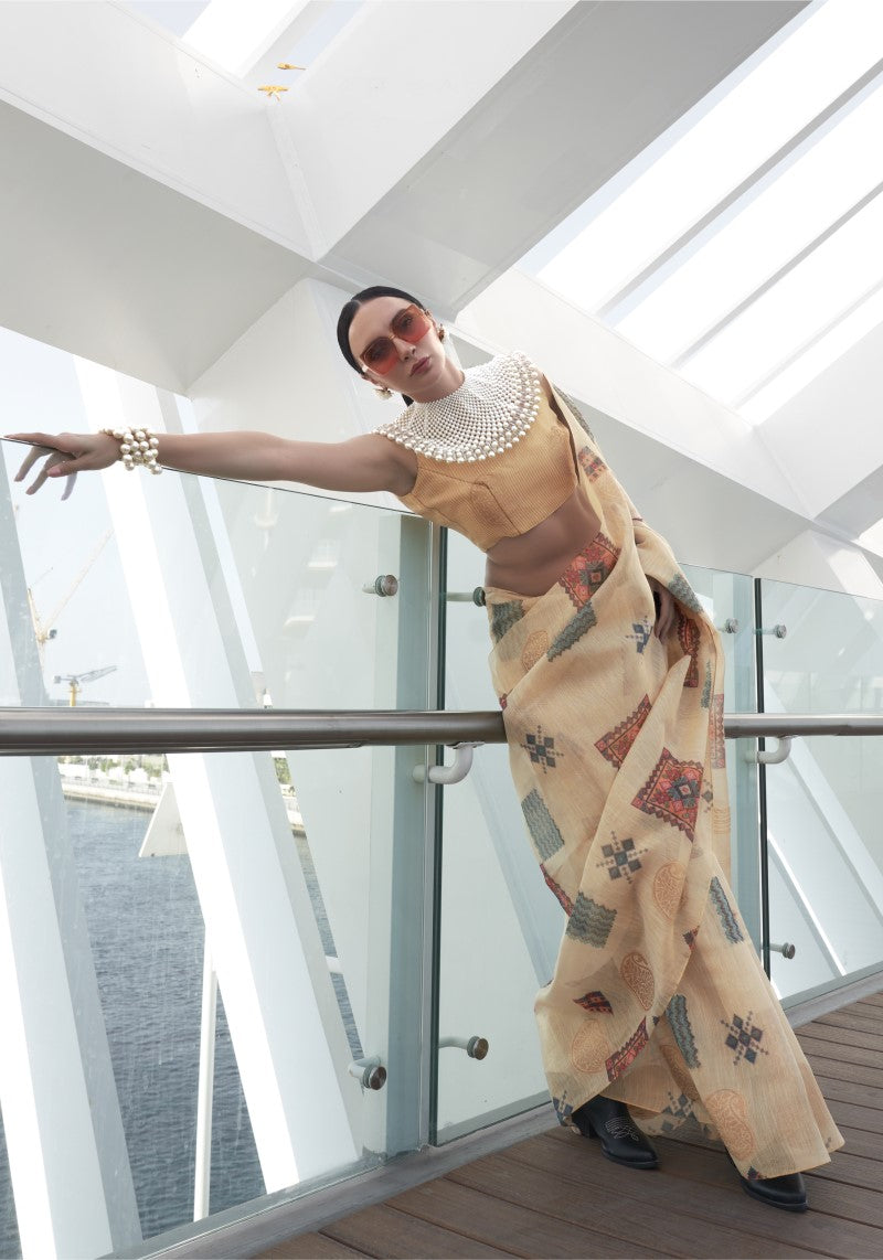 Handwoven Cream Banarasi Silk Printed Tissue Saree