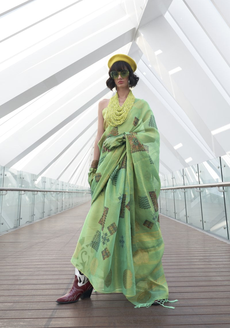 Handwoven Mint Green Banarasi Silk Printed Tissue Saree