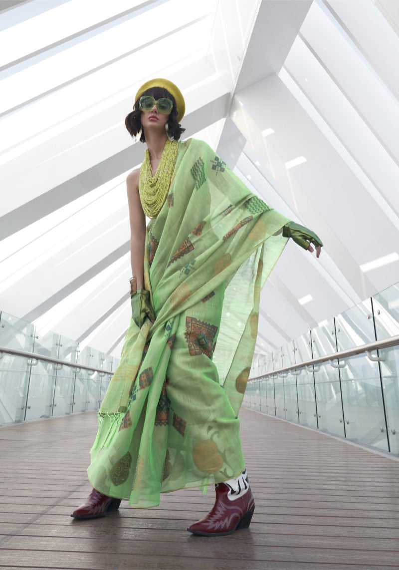 Handwoven Mint Green Banarasi Silk Printed Tissue Saree