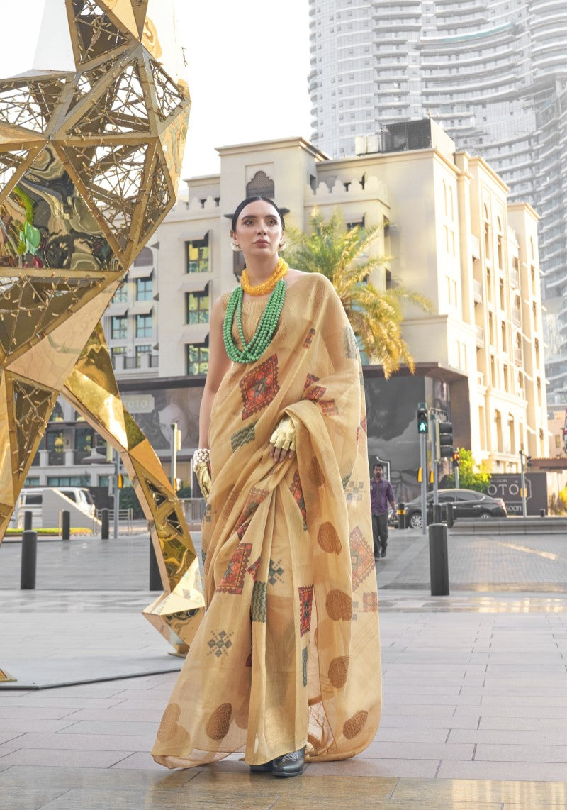 Handwoven Beige Banarasi Silk Printed Tissue Saree