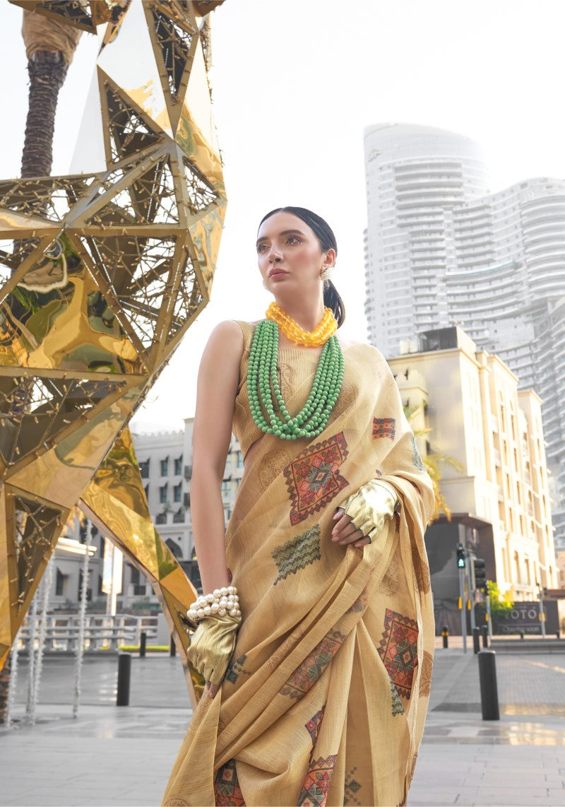 Handwoven Beige Banarasi Silk Printed Tissue Saree