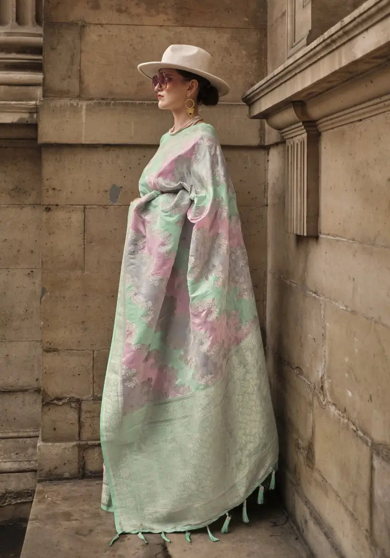 Mint Green Rangkat Satin Silk Saree