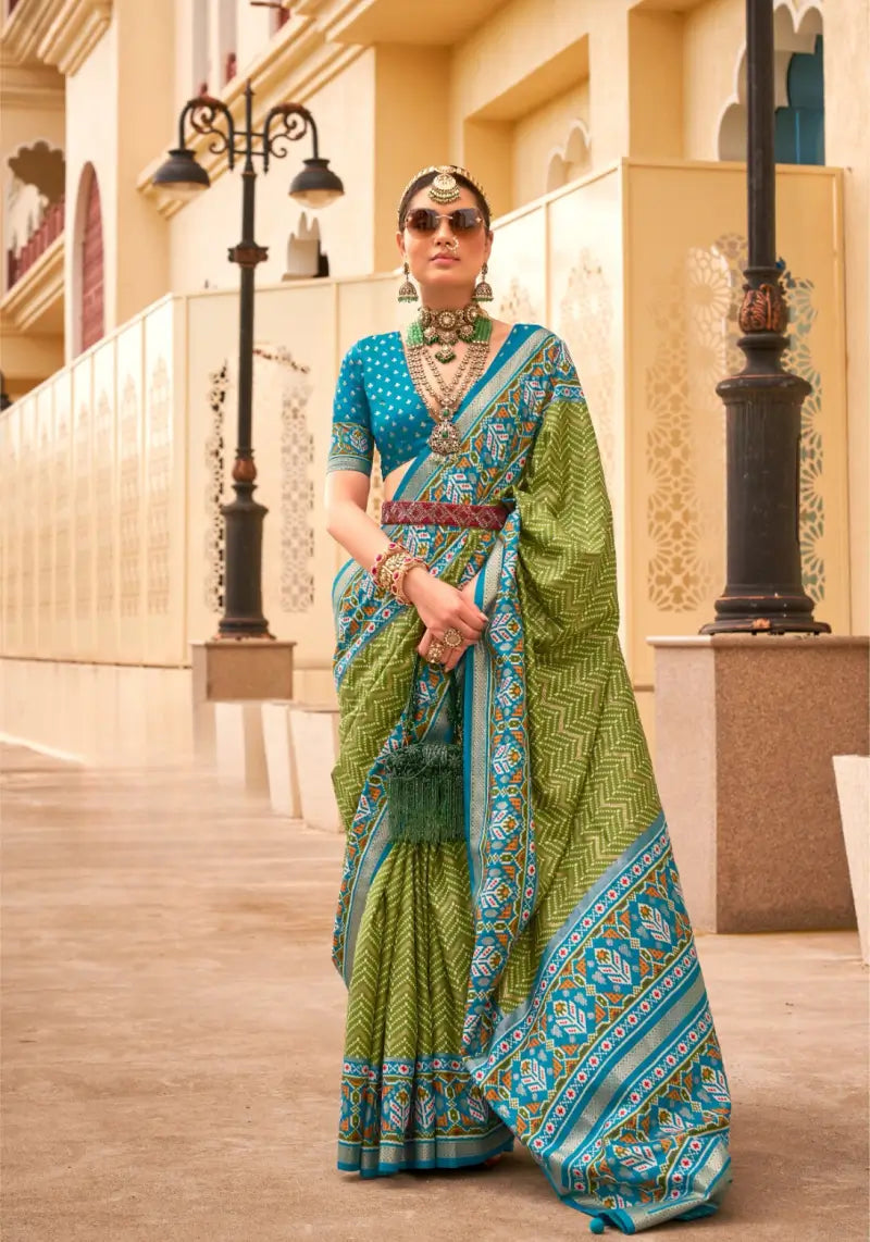 Olive Green Chevron Viscose Silk Patola Saree
