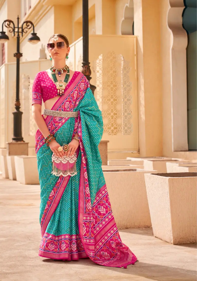 Turquoise Chevron Viscose Silk Patola Saree
