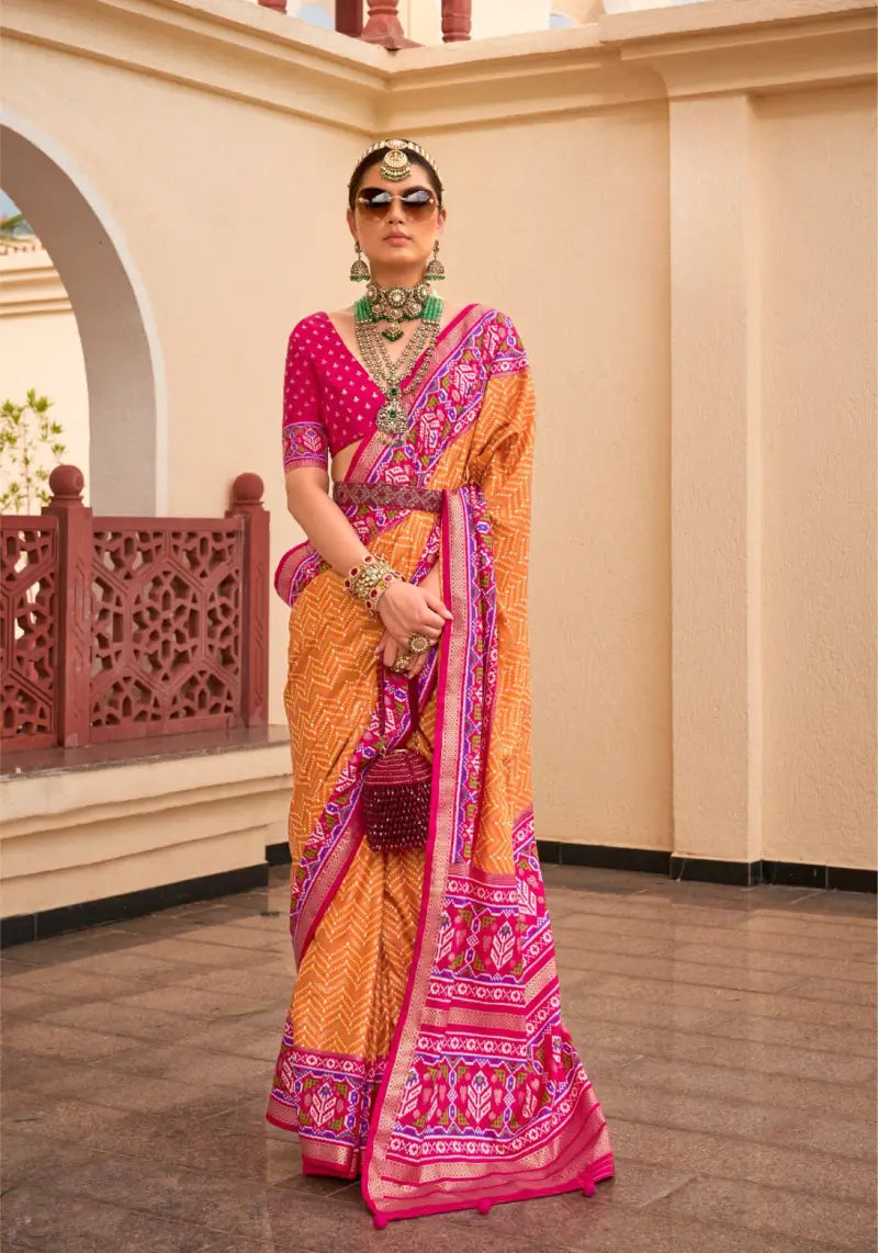 Traditional Golden Yellow Viscose Silk Patola Saree