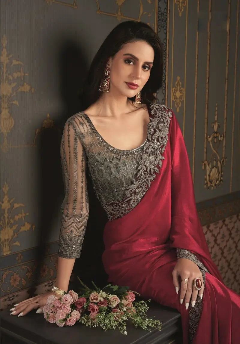 Cherry Red Satin Silk Chiffon Saree With Embroidered Blouse