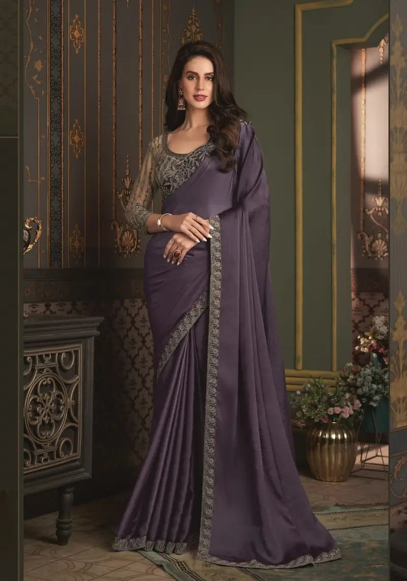 Amethyst Satin Silk Chiffon Saree With Embroidered Blouse