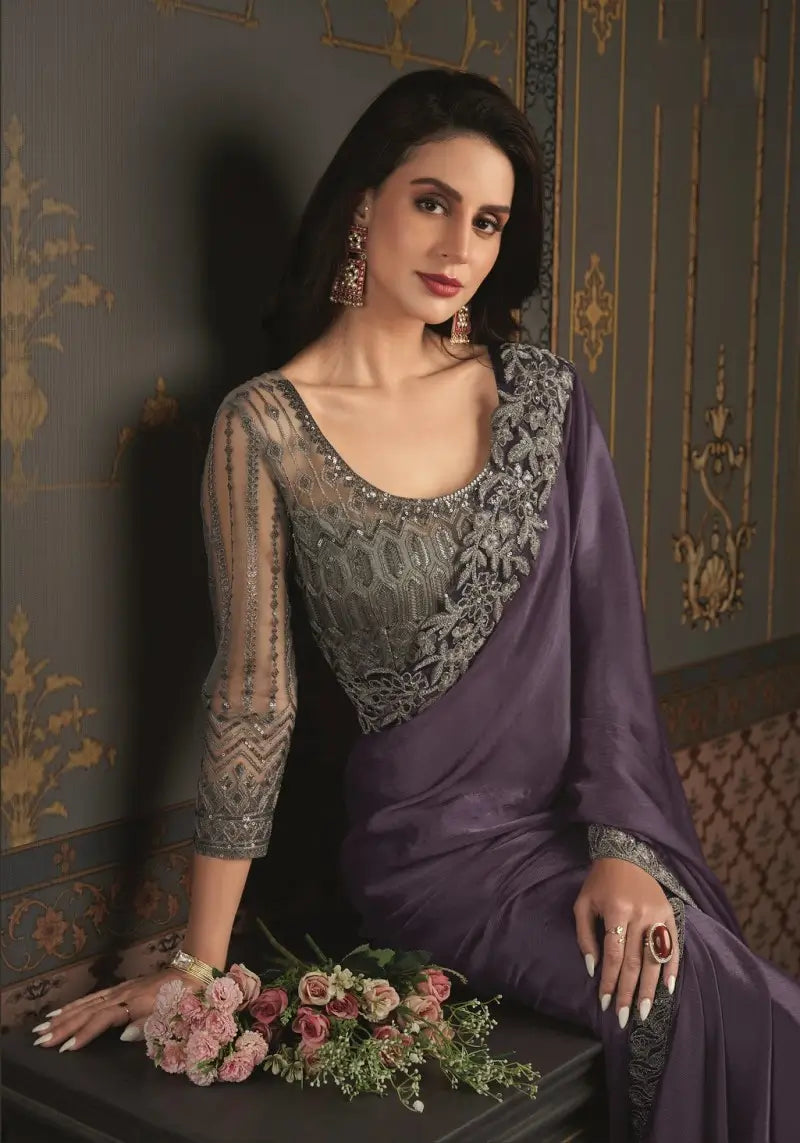 Amethyst Satin Silk Chiffon Saree With Embroidered Blouse