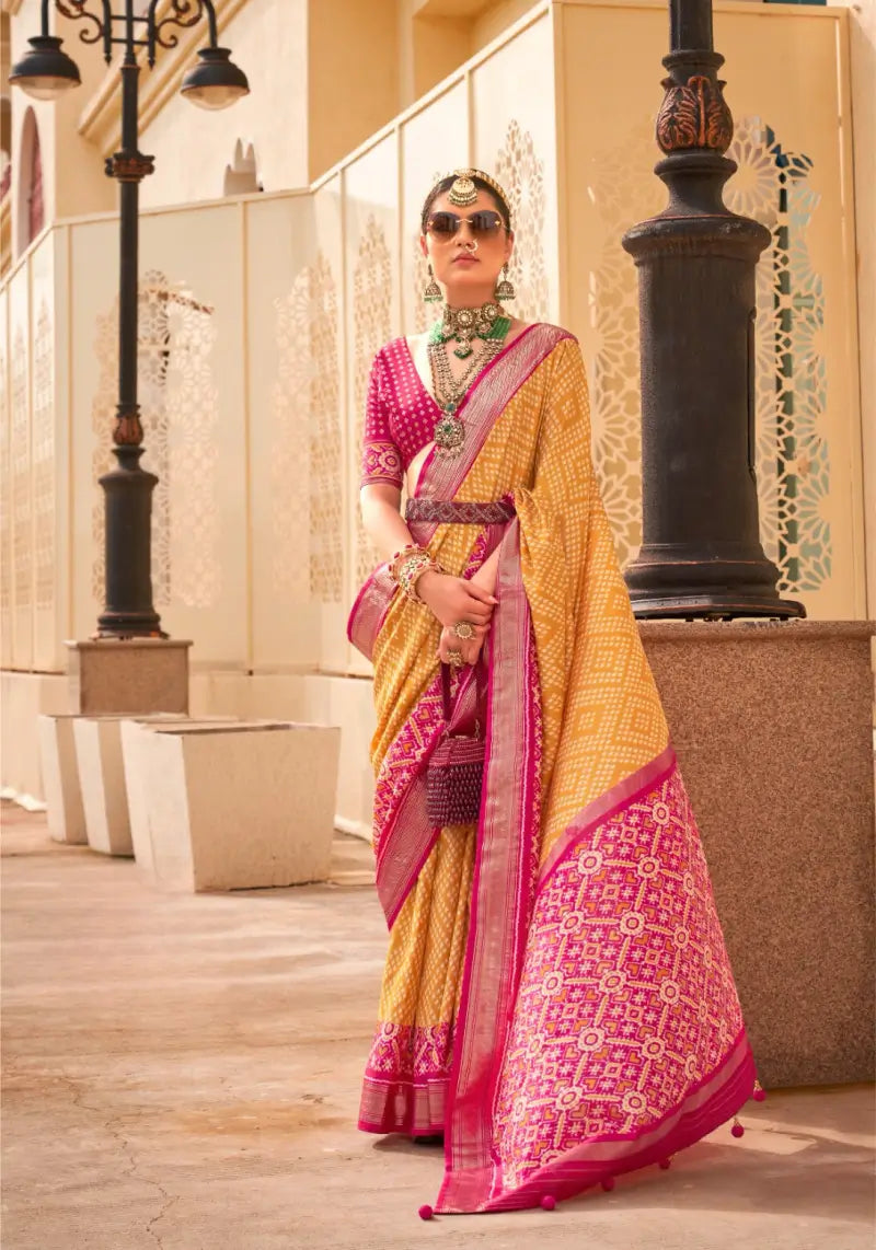Majestic Yellow Viscose Silk Patola Saree