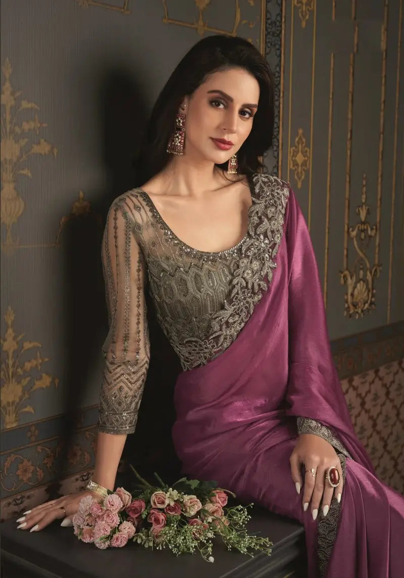 Exquisite Satin Silk Chiffon Saree With Embroidered Blouse