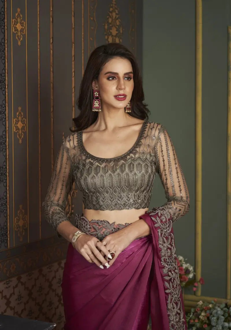 Exquisite Satin Silk Chiffon Saree With Embroidered Blouse