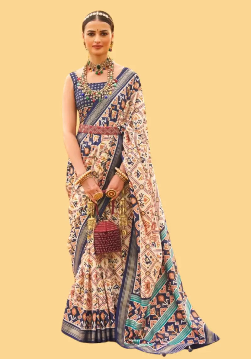 Blue Party Wear Mercerized Sigma Silk Patola Saree