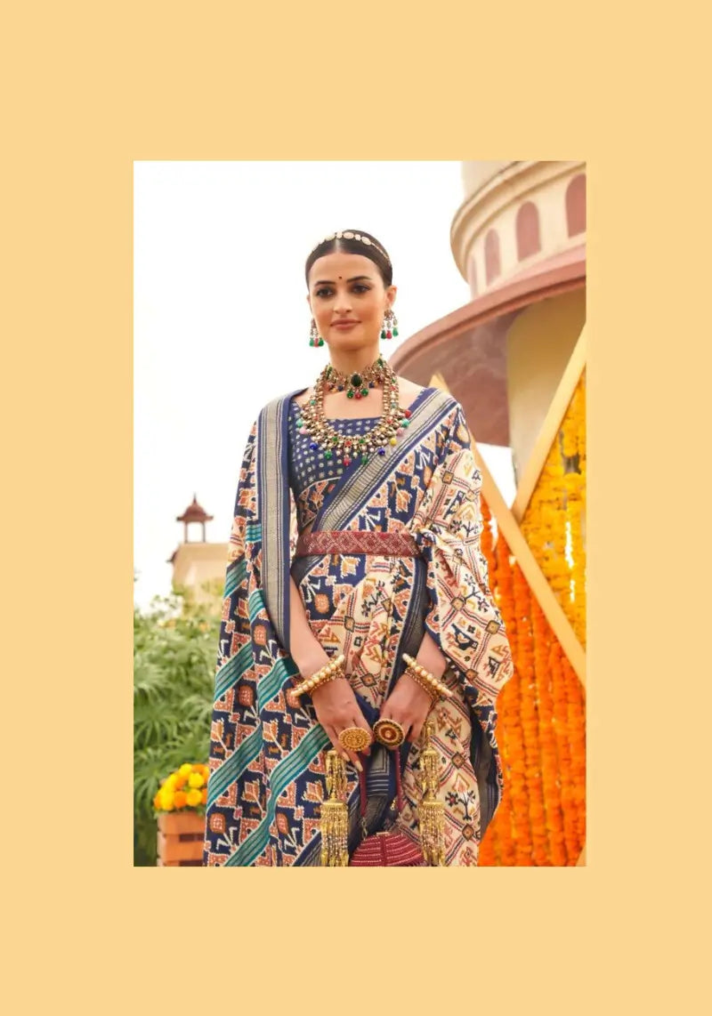 Blue Party Wear Mercerized Sigma Silk Patola Saree