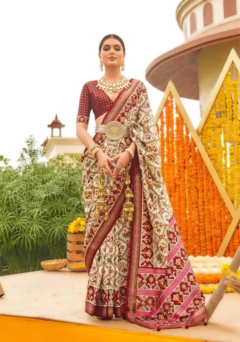 Cream Designer Mercerized Sigma Silk Patola Saree