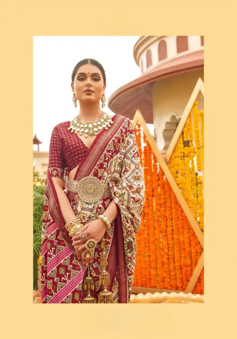 Cream Designer Mercerized Sigma Silk Patola Saree