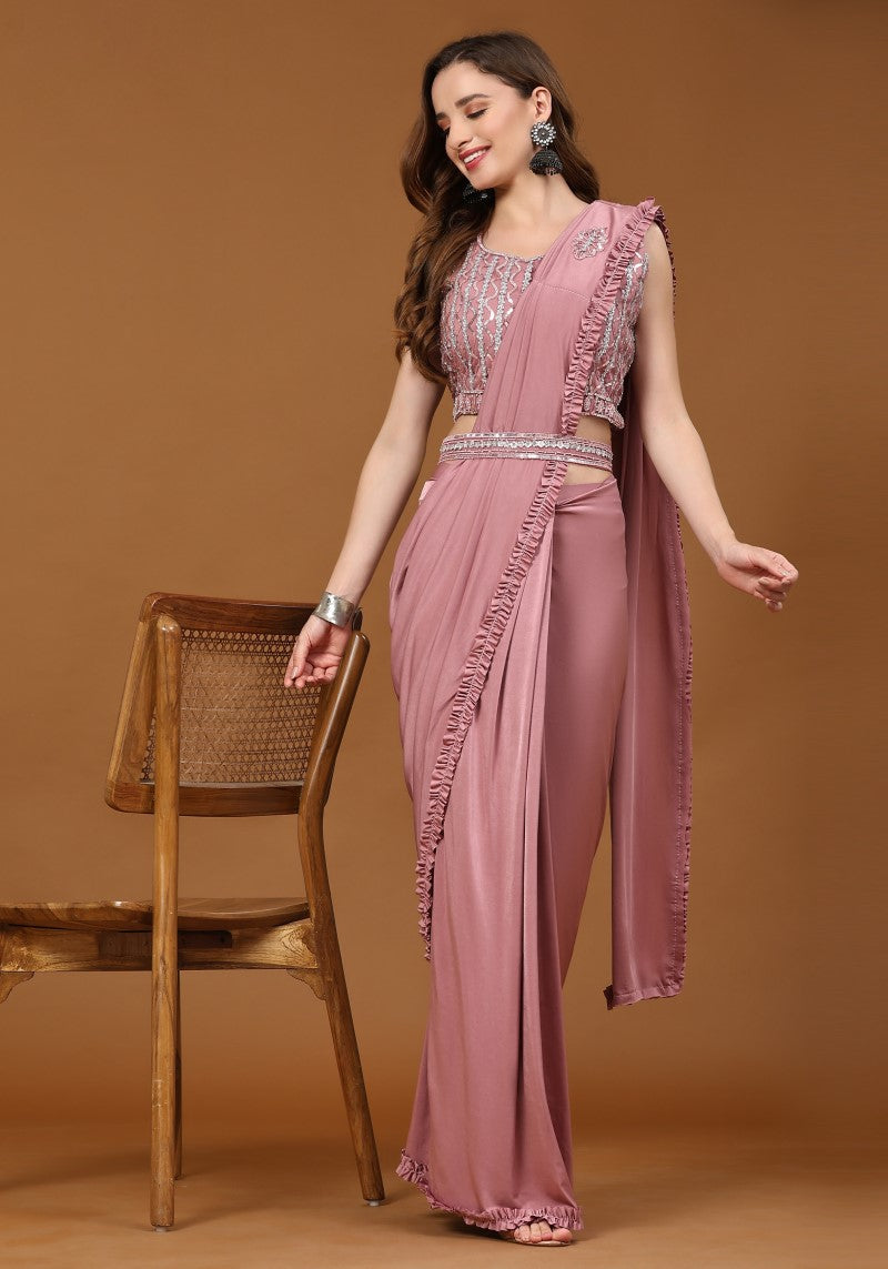 Peach Party Wear Exquisite Imported Saree with Stitched Blouse