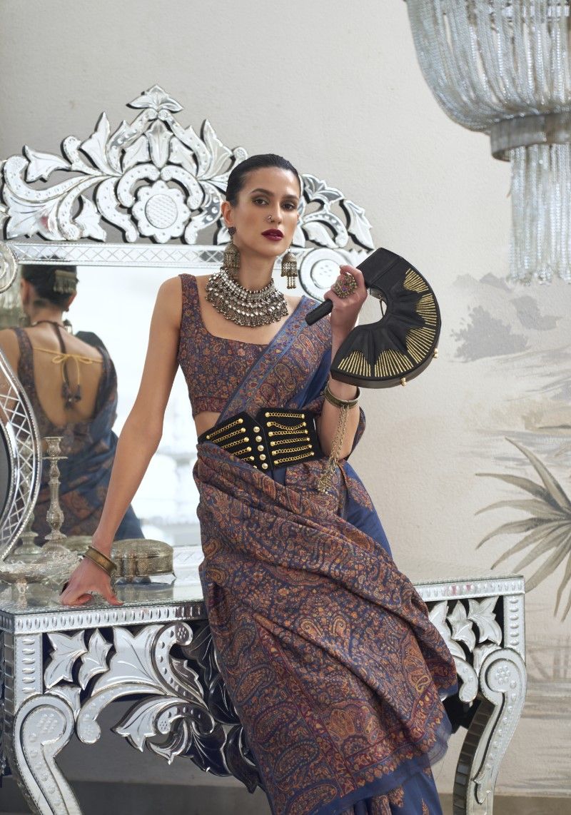 Cobalt Blue Kashmiri Woven Art Silk Saree