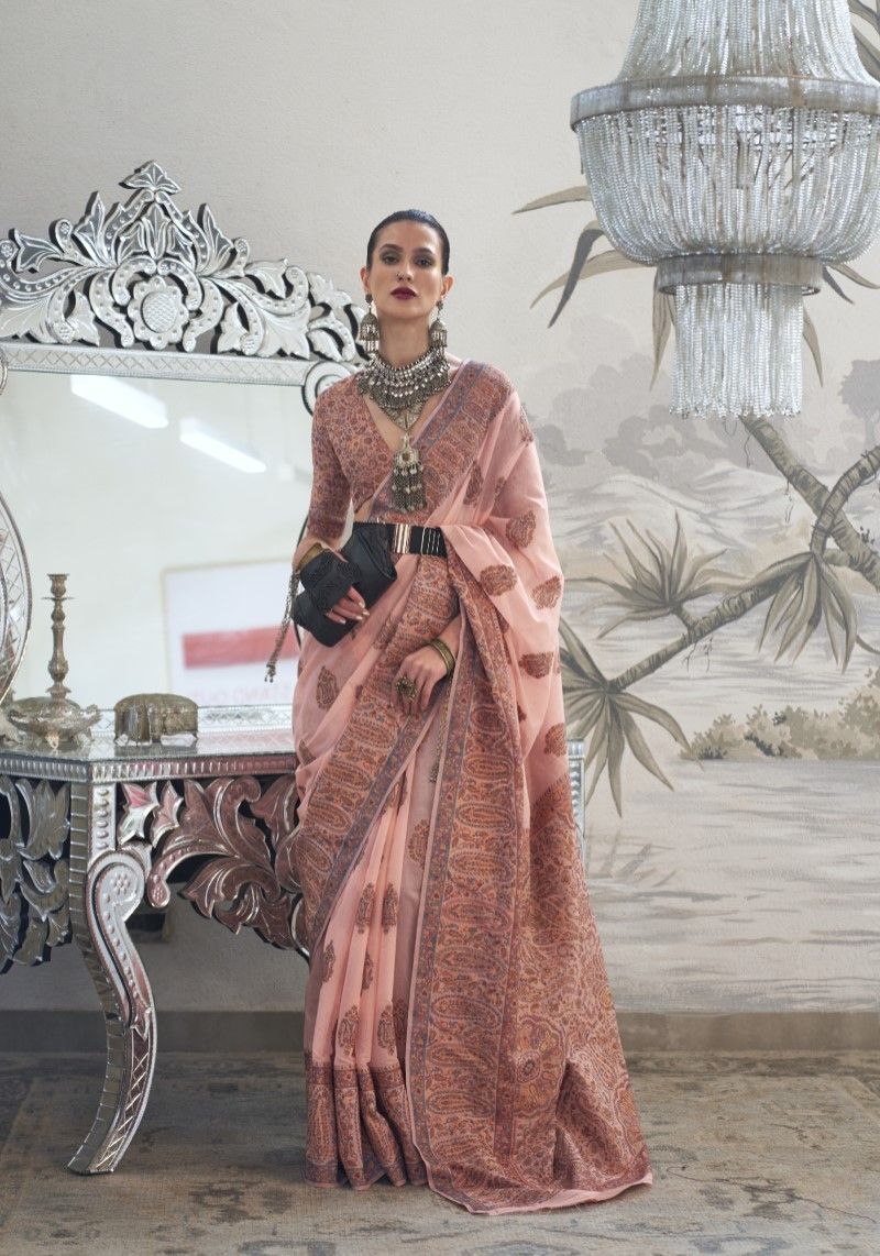 Flourished Blushed Peach Kashmiri Woven Art Silk Saree