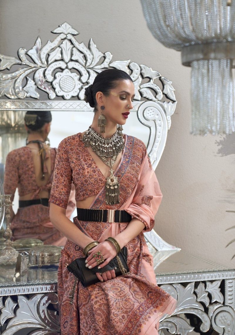 Flourished Blushed Peach Kashmiri Woven Art Silk Saree